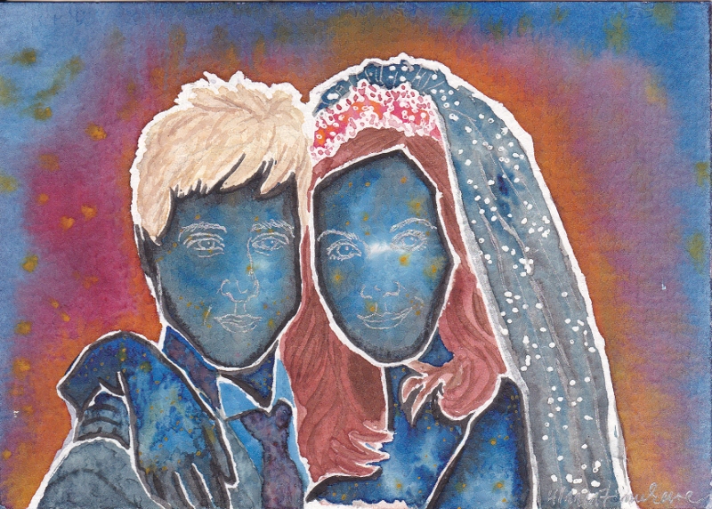 smiling Amy in a wedding veil, her arm around Rory, their skin is a dark blue space background